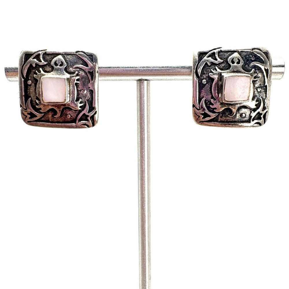 Stud Earrings Pink Shell Turtle Design Square VTG 925 Sterling Silver 2/3" L
